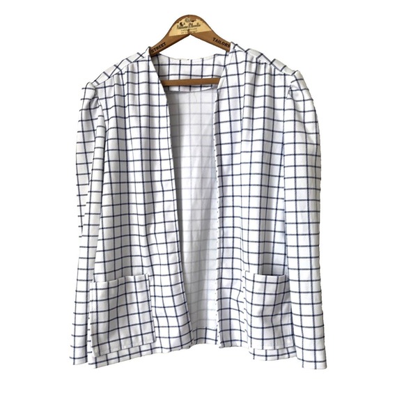 Vtg 60s 70s white blue plaid stretch knit open front blazer L retro office‎ wear - Picture 1 of 5